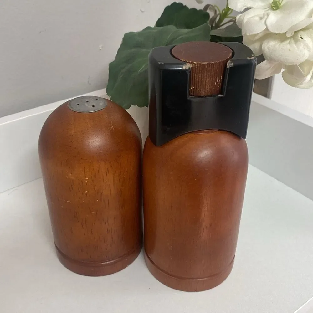 Vintage MCM Art Deco Mr. Dudley Wood Salt Shaker and Pepper Grinders